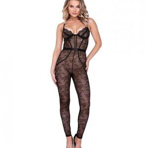 Chantilly Stretch Lace Sleeveless Catsuit W/satin Trim Black Lg
